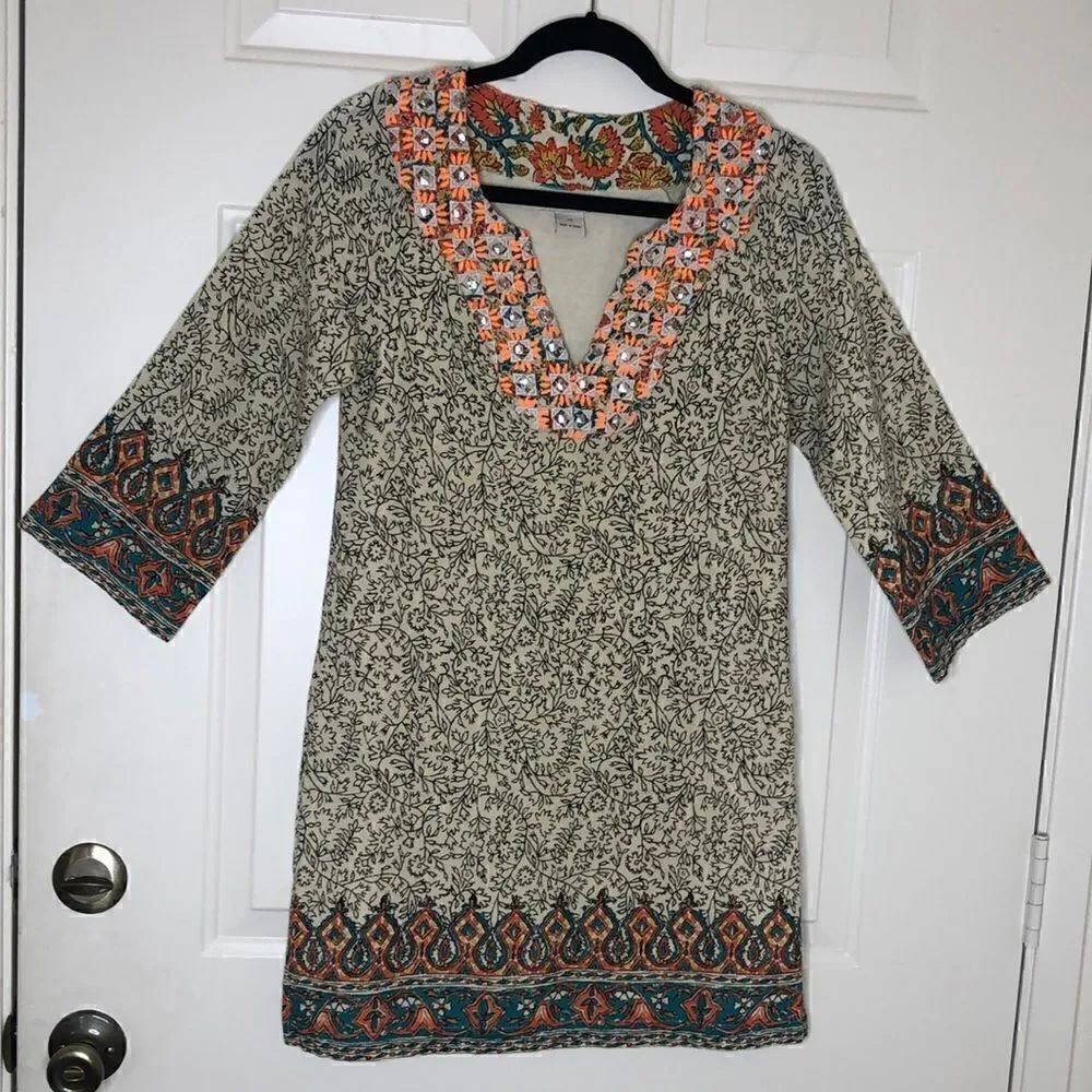 Lucky Brand Black and White Print Shift Dress With Colorful Borders and Sequins